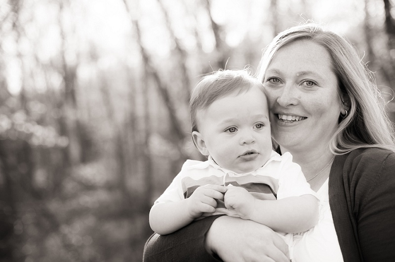 Mother holding son black and white bokeh