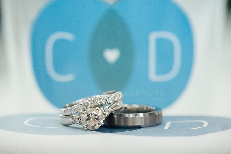 Macro shot of wedding rings in front of bride and groom initials